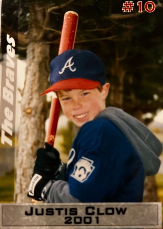 Justis Clow's own Little League trading card from 2001: number 10, The Braves, grinning in an Atlanta Braves cap with a bat over his shoulder